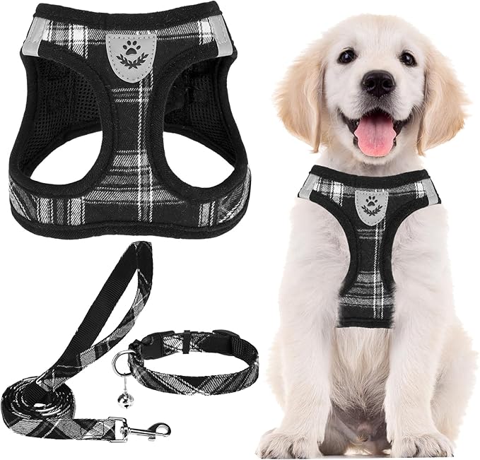 PUPTECK Adjustable Dog Harness Collar and Leash Set Step in No Pull Pet Harness for Small Medium Dogs Puppy and Cats Outdoor Walking Running, Soft Mesh Padded Reflective Vest Harnesses, Black M