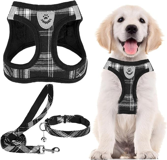 PUPTECK Adjustable Dog Harness Collar and Leash Set Step in No Pull Pet Harness for Small Medium Dogs Puppy and Cats Outdoor Walking Running, Soft Mesh Padded Reflective Vest Harnesses, Black XS