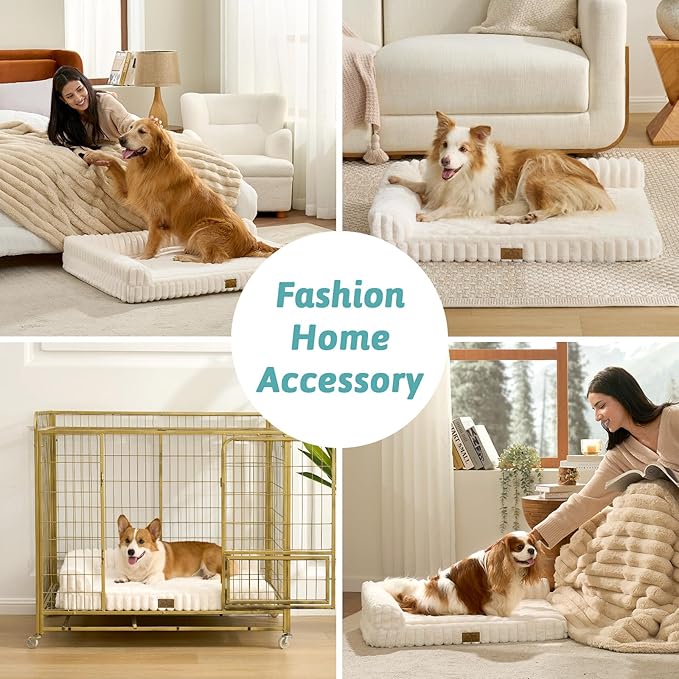 Cute Dog Bed, Faux Fur Orthopedic Foam Dog Bed with Sides, Removable Washable Cover & Waterproof Lining, Comfortable Pet Couch for Extra Large Dogs, Cream (48" L x 35" W x 7.5" Th)