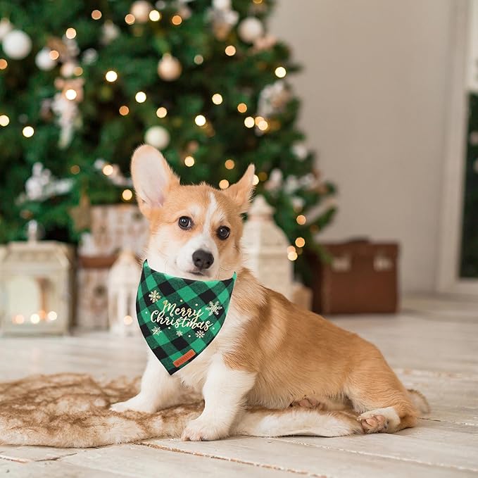 ADOGGYGO 2 Pack Christmas Dog Plaid Bandana Triangle Bib Set Pet Christmas Bandanas Scarf Accessories for Medium Large Dogs Pets (Large)