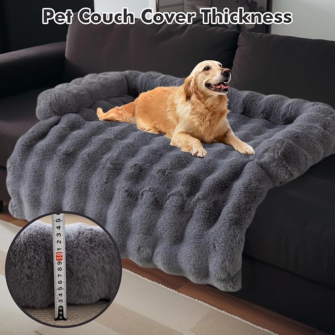 LiveGo Fuzzy Calming Dog Sofa Bed Mat, Washable Plush Couch Cover for Pets, Furniture Protector with Anti-Slip Bottom (Gray, 35.4"*35.4")