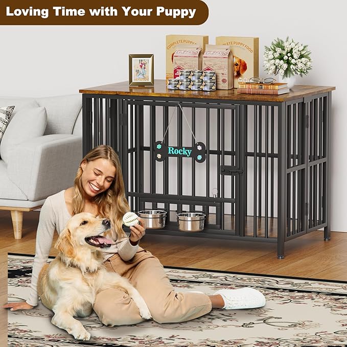 Easycom 41" Dog Crate Furniture Foldable, No Assembly Decorative Dog Kennel Indoor, Dog Crates for Large Dogs(35-60 lb), Wooden Dog Cage with Adjustable Bowls and Name Tag, End Table, Rustic Brown