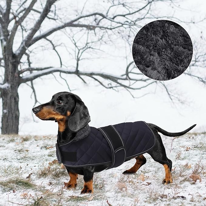 Warm Thermal Quilted Dachshund Coat, Dog Winter Coat with Warm Fleece Lining, Outdoor Dog Apparel with Adjustable Bands for Medium, Large Dog-Dark Blue-XS