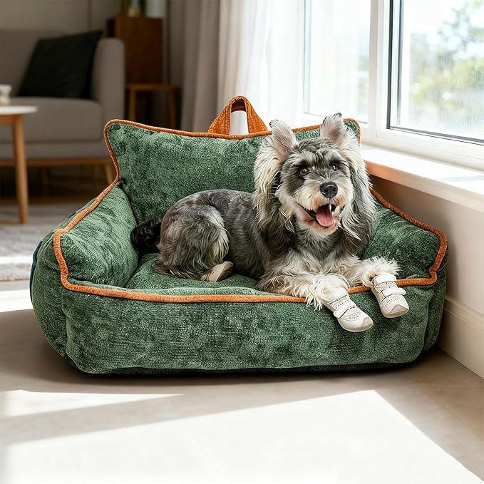 Small Dog Bed, Washable Pet Bed with Removable Cover, with Sides, Carry Handle & Side Pockets .Plush Chenille Orthopedic Pet Bed Couch for Small Breed Dogs & Cats .Calming