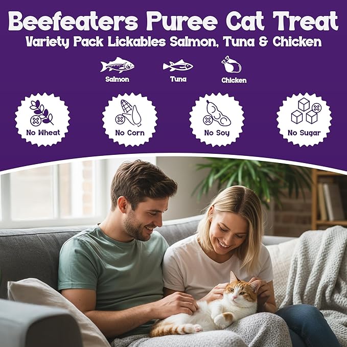 Beefeaters Cat Treats Variety Pack Lickable Puree 48ct – Salmon, Tuna & Chicken, Grain-Free, Taurine-Enriched, Ideal for Training & Interactive Feeding