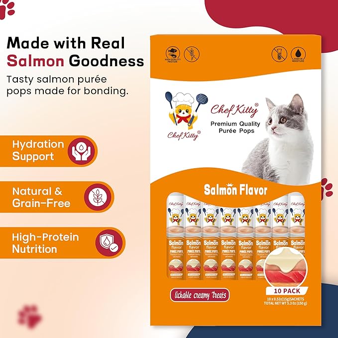 Chef Kitty Purée Pops, Cat Treats, Grain-Free, Lickable, Squeezable Creamy Cat Treat/Topper with Vitamin E & Taurine, 0.5 Ounces Each Tube, 10 Tubes, Salmon Flavor