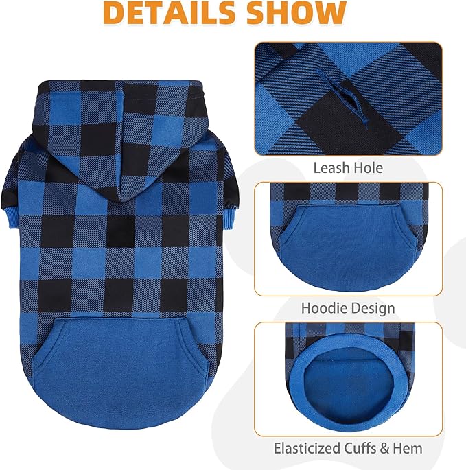 KOOLTAIL Plaid Dog Hoodie Pet Clothes Sweater with Hat and Pocket for Small Medium Large Size Dogs, Soft Winter Warm Dog Cold Weather Coat, Fleece Fall Dog Hooded Sweatshirt for Puppy Cats, Blue L