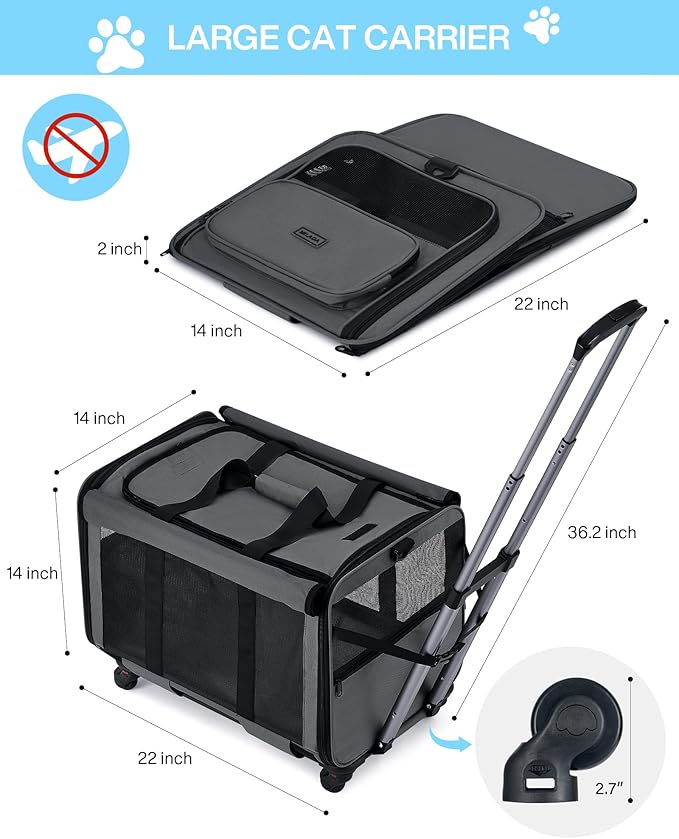 MILADA Extra Large Cat Carrier with Wheels for Big Cats & Small Dogs Soft Sided Rolling Pet Carrier Detachable XL Cat Stroller for Travel, Hiking, Vet & Hospital Use, Grey