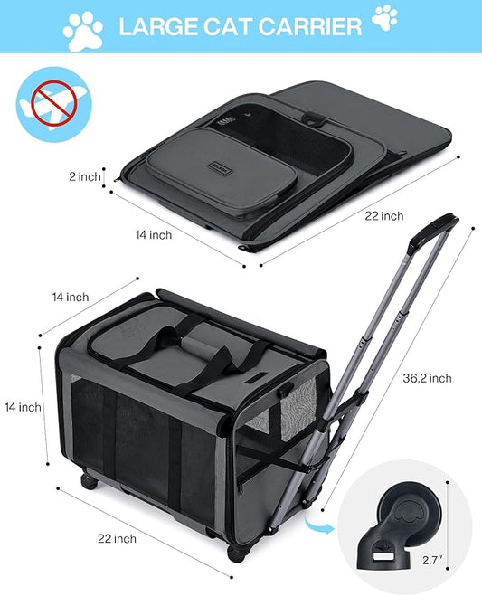 MILADA Extra Large Cat Carrier with Wheels for Big Cats & Small Dogs Soft Sided Rolling Pet Carrier Detachable XL Cat Stroller for Travel, Hiking, Vet & Hospital Use, Grey
