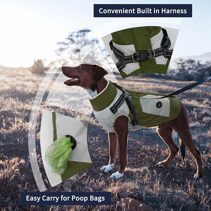 IECOii Dog Jacket Winter Harness Built in -Green,XXXLarge- Zip Up Dog Coat Winter Clothes for Large Dogs Waterproof, Dogs Snowsuit Snow Jacket D-Rring Labrador German Shepherd Doberman Rottweiler
