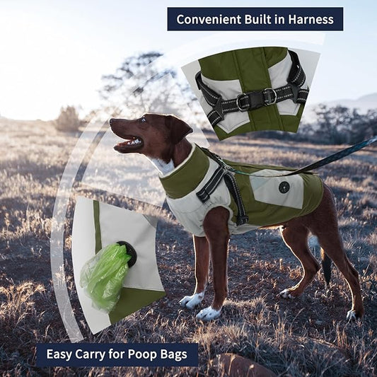 IECOii Large Dog Coat with Harness Built in,Reflective Waterproof Dog Coat for Giant Breeds - Zip Up Fleece Jacket for Dogs,Great Dane Winter Coats Warm Snowsuit for Cold Weather, Green, 4XL