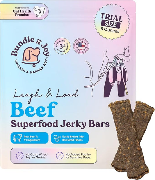 Bundle x Joy Leash & Load Beef Jerky for Dogs - 5 Oz Bag, Natural Superfood - Corn, Poultry, Soy & Grain Free Beef Dog Treats Made in USA Only