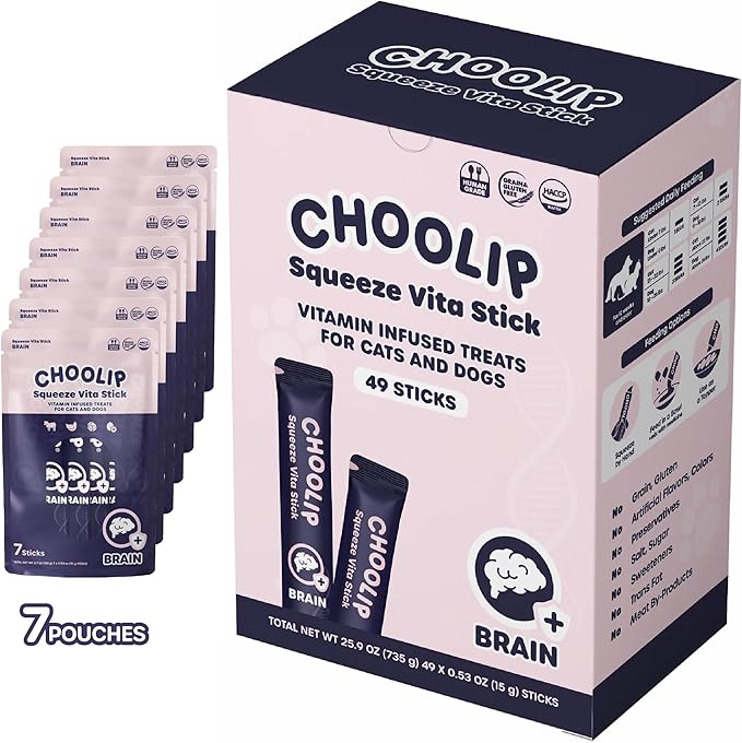 Choolip Squeeze Vita Stick Lickable Cat and Dog Treats – 49-Count Brain Support Sticks with Multivitamins, Soft Squeezable Paste for All Life Stages, Supporting Brain Health - Box with 7 Pouches