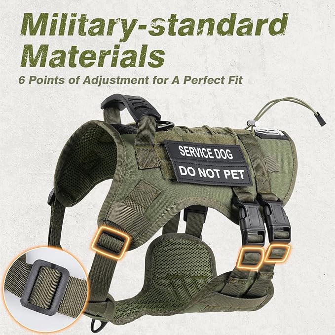 No Pull Tactical Dog Harness for Large Dogs, Escape Proof Molle Dog Vest Harness and Leash Set, Adjustable Military Service Dog Harness with Handle for Medium Large Dogs(Green, L)