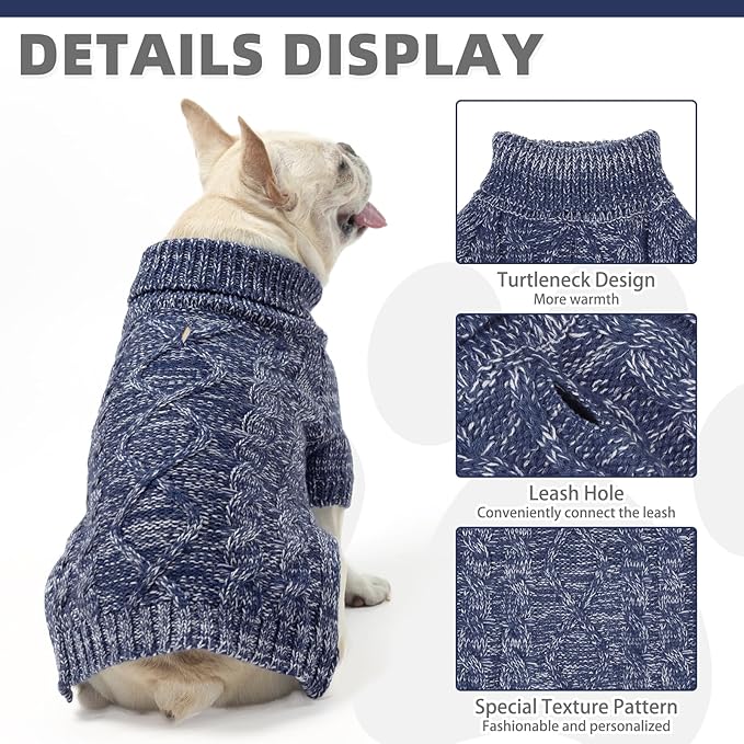 KOOLTAIL Thermal Knitted Dog Sweater for Small Medium Large Dogs, Turtleneck Cable Knit Doggy Winter Coat Warm Clothes Sweatshirt Outfits for Cold Weather,Pullover Pet Jumper for Puppy Cats Navy XL