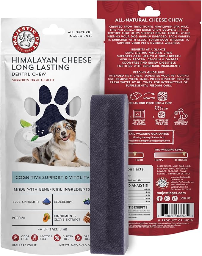 Majestic Pet Himalayan All-Natural Yak Cheese Dog Chews Made with 100% Cows Milk- Long Lasting Dental Chew for Dogs - Healthy Pet Treats (Cognitive Support & Vitality, Regular, 1 Pack)