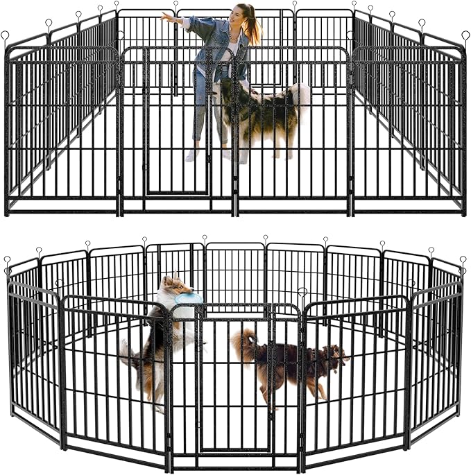 Dog Fence Outdoor 16 Piece Panels 40" Height, Square Steel Pipe with Reinforced Crossbars, Anti-Rust Heavy Duty Dog Playpen with Doors Portable for Yard RV Camping, Total 36FT, 103 Sq.ft, Snowy Black