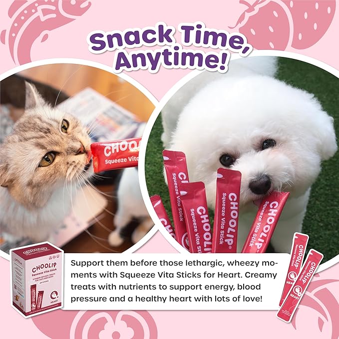 Choolip Squeeze Vita Stick Lickable Cat and Dog Treats – 49-Count Heart Support Sticks with Multivitamins, Soft Squeezable Paste for All Life Stages, Supporting Heart Health - Box with 7 Pouches