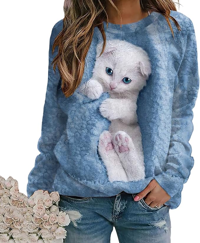 TIAFORD Womens Cute Cats Graphic Crewneck Sweatshirt Winter Trendy Casual Plus Size Long Sleeve Shirt for Cats Lovers