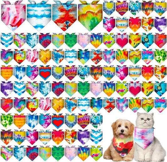 Amylove 120 Pcs Christmas Dog Bandanas Bulk Thanksgiving Day Holiday Triangle Dog Pack Puppy Kerchief Bandana Adjustable Pet Scarf for Pet Cat Costume Accessories Decor(Tie Dye)