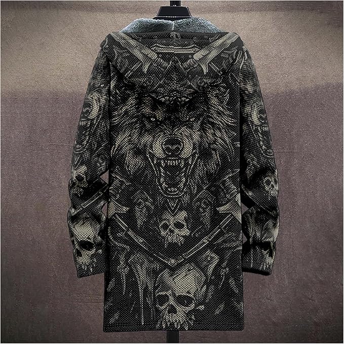 MARSVOVO Cool Hippie Long Cardigan Hoodies for Men Zipper Fleece Lined Knit Coat Skull Animal Print Graphic Jackets