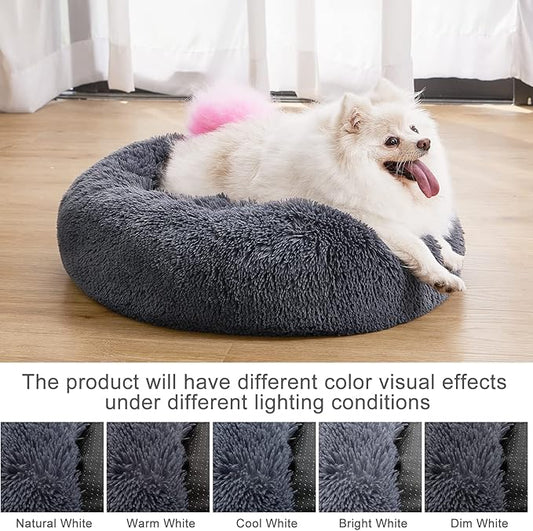 MIXJOY Calming Cat Beds for Indoor Cats, 20'' Kitten Donut Beds for Pet Up to 15lbs, Fluffy Small Cat Cuddler, Anti-Anxiety Plush Faux Fur Large Pet Bed Washable (20'', Grey-Blue)