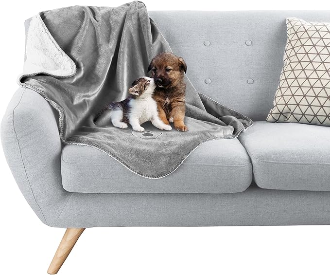 PETMAKER Waterproof Pet Blanket - 30x40-Inch Reversible Sherpa Fleece Throw Protects Couches, Cars, and Beds from Spills, Stains, and Fur (Gray)