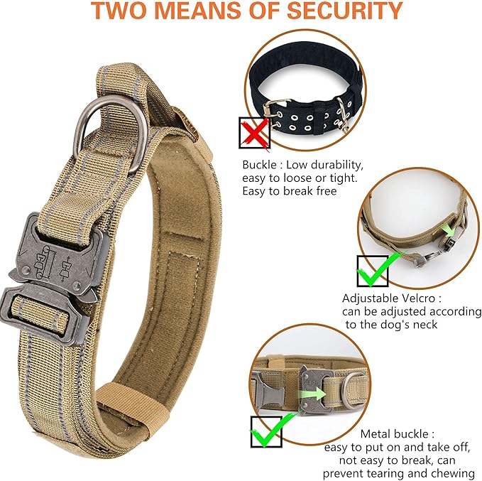 KCUCOP Tactical Dog Collar for Medium & Large Dogs - Military Nylon Heavy Duty Collar with Handle, Reflective Strip & Metal Buckle for Training, Outdoor (Brown Reflective, XLarge)