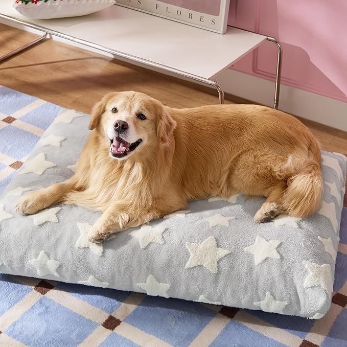 LE SURE Extra Large Dog Bed-Thick Shredded Chopped Foam Pet Bed Indoor with Removable Cover, Cute Modern Fuzzy Plush & Anti Slip Bottom, Grey