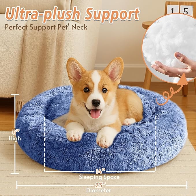 JOLLYVOGUE Small Dog & Cat Beds for Indoor Cats, Donut Cuddler Warming Soft Dog Beds with Anti-Slip Bottom, Round Calming Fluffy Plush Faux Fur Cushion Bed for Small Dogs (23", Navy Blue)