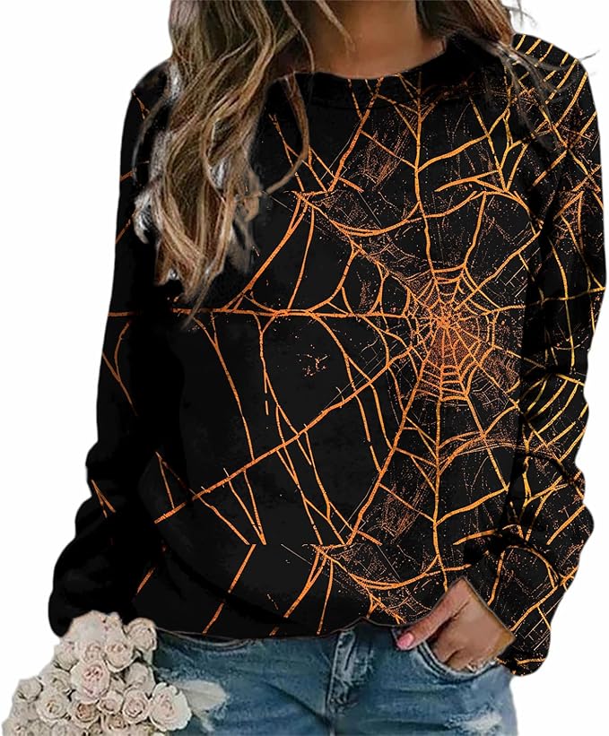 MARSVOVO Fall Sweatshirt for Women Novelty Spider Web Shirt Dressy Casual Crewneck Tunic Tops Spring Graphic Pullover