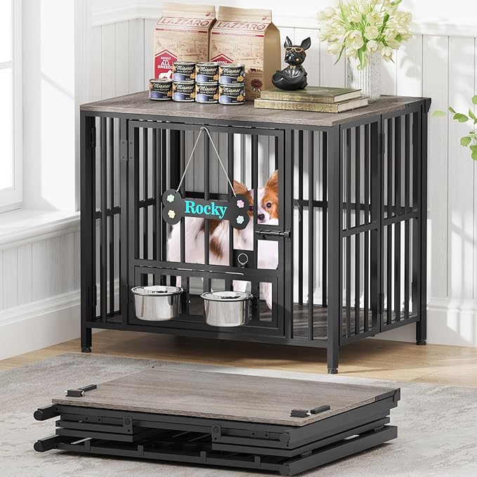 Easycom 27" Dog Crate Furniture Foldable, No Assembly Decorative Dog Kennel Indoor, Dog Crates for Small Dogs (Under 20 lb), Wooden Dog Cage with Adjustable Bowls and Name Tag, End Table, Oak Grey