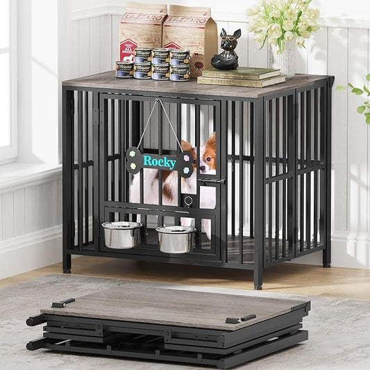 Easycom 27" Dog Crate Furniture Foldable, No Assembly Decorative Dog Kennel Indoor, Dog Crates for Small Dogs (Under 20 lb), Wooden Dog Cage with Adjustable Bowls and Name Tag, End Table, Oak Grey