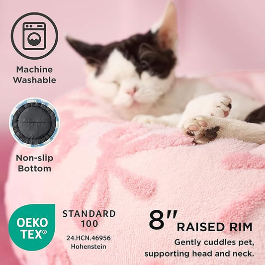 LE SURE Donut Small Dog Bed - Round Cat Beds for Indoor Cats, Washable Calming Pet Beds with Teddy Sherpa Plush & Anti Slip Bottom (Bow Pink Taffy, S Plus (27x27x8))