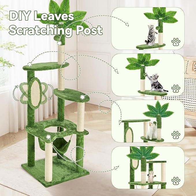 61 Inches Cat Tree Tower with Hammock, Tall Cat Tree with Scratching Post, Green Cat Shaped Design Tree for Indoor Large Cat, Large Cat Furniture with Pompoms for Living Room, Bed Room
