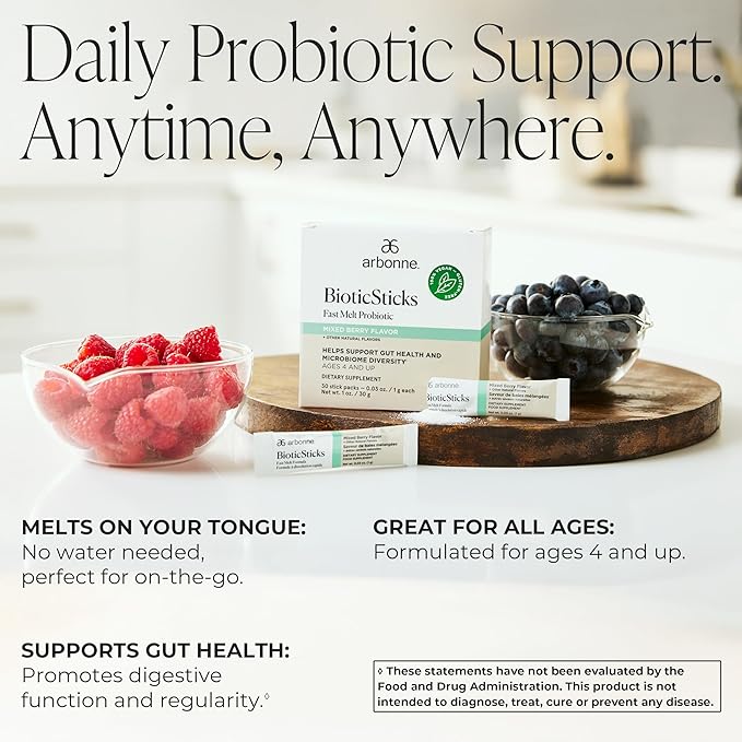 Arbonne BioticSticks Fast Melt Probiotic for Gut Health – Probiotics for Women, Men, and Kids – Gut Health Supplement – Vegan, Gluten-Free, Non-GMO – Mixed Berry Flavor – 30 Stick Packs