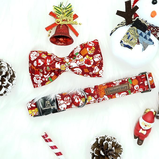 Lionheart glory Dog Bow Collar Red Christmas Santa Deer Print Dog Collar for Large Dogs Adjustable Soft Sturdy Girl or Boy Collars with Bowtie Fall Collar Bows