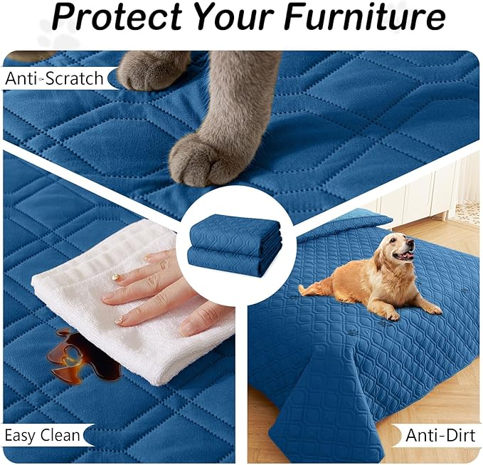 hyha Waterproof Dog Bed Blanket, Soft Pet Blankets, Waterproof Couch Cover for Dogs, Reversible Sofa Covers Washable for Furniture (82x82 Inch, Navy Blue/Blue)