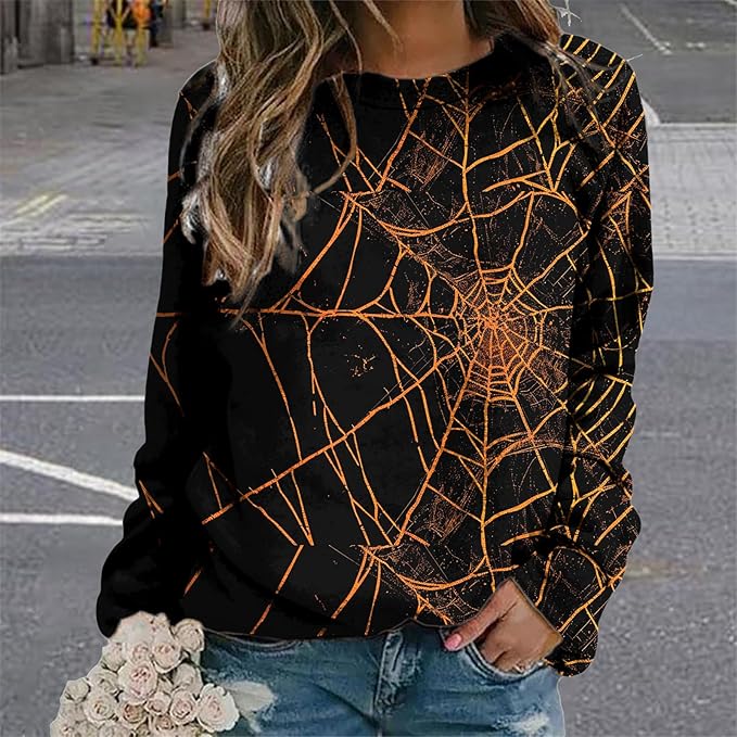 MARSVOVO Fall Sweatshirt for Women Novelty Spider Web Shirt Dressy Casual Crewneck Tunic Tops Spring Graphic Pullover