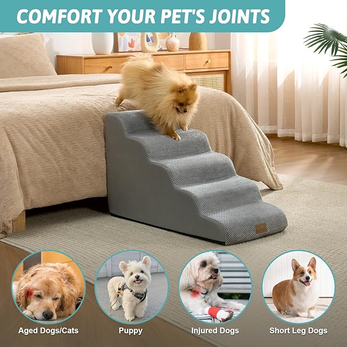 Dog Stairs for Small Dogs 19.7" H, 5-Step Slope Dog Steps for Bed, Couch or Chair, Sturdy Pet Ramp for Puppy, Older Cat, Pet Ladder with High Density Foam, 15.7x33x19.7 inch, Gray