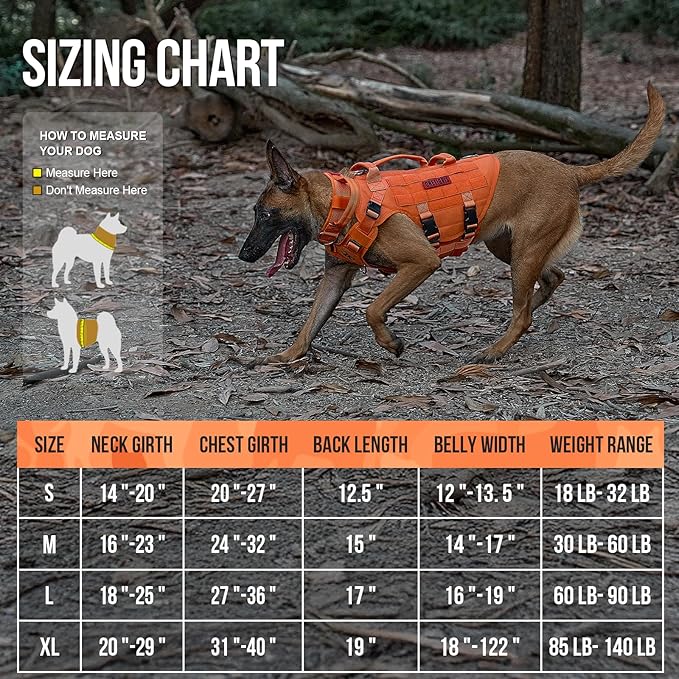 OneTigris Large Tactical Dog Harness, No Pulling Adjustable Dog Vest Harness, Heavy Duty Dog Harness with Handle, Large Hook and Loop Panels for Patch(Orange,S)