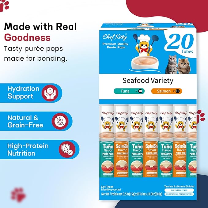 Chef Kitty Purée Pops, Cat Treats, Grain-Free, Lickable, Squeezable Creamy Cat Treat/Topper with Vitamin E & Taurine, 0.5 Ounces Each Tube, 20 Tubes, Seafood Mix Variety