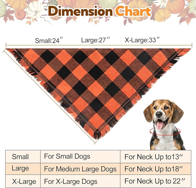 Kytely Dog Bandana Fall Christmas XLarge 2Pack, Halloween Thanksgiving Dog Bandanas, Orange Plaid Pet Scarf for Boy and Girl, Holiday Bandana Reversible Triangle Bibs Accessories for Dogs Pets