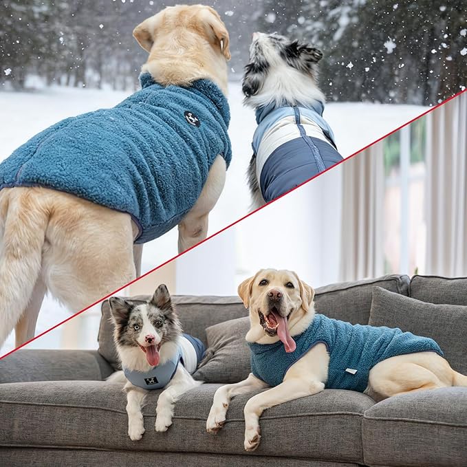 Reversible Dog Winter Coat, Waterproof Warm Fleece Sweater Windproof Lightweight Pet Snow Jacket for Medium Large Dogs with Double Ended Zipper, Cold Weather Dog Coat,Blue,M