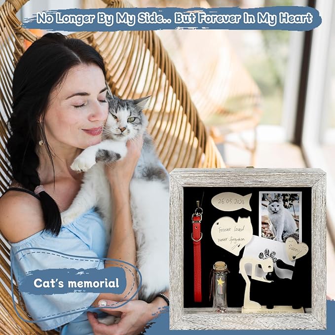 Cat Memorial Shadow Box Gift Pet Memory Display Case Wooden Picture Frame Pet Paw Ink Kit Glass Fur Jar Pets Keepsake Holder for Passed Away Dogs Cats idea Gifts for Pet Lover (White Cat Frame)