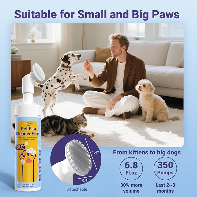 Paw Cleaner for Dogs and Cats, No-Rinse Puppy Paw Washer, Larger Volume Dog Foot Foaming Cleanser with Scrubber Brush for Dirty and Muddy Paw, Hypoallergenic Ingredient, 6.8 fl.oz