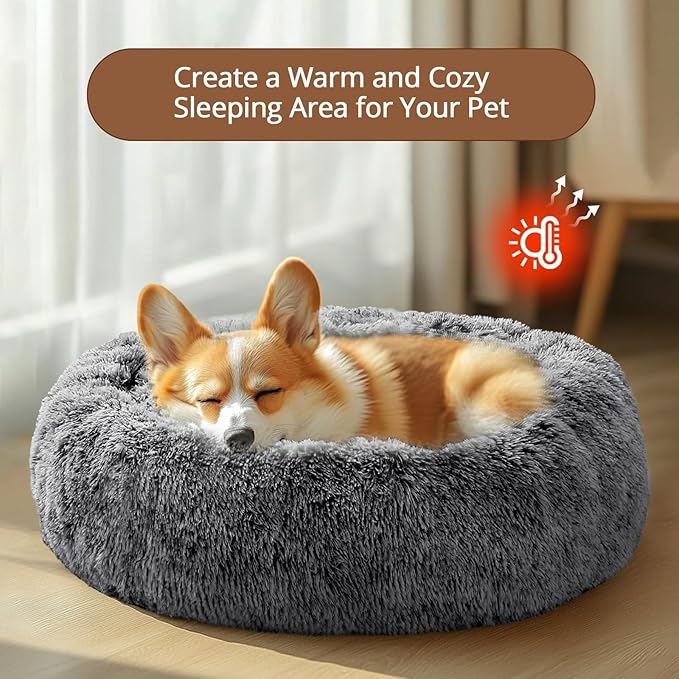 JOLLYVOGUE Small Dog & Cat Beds for Indoor Cats, Donut Cuddler Warming Soft Dog Beds with Anti-Slip Bottom, Round Calming Fluffy Plush Faux Fur Cushion Bed for Medium Dogs (27", Smoke Black)