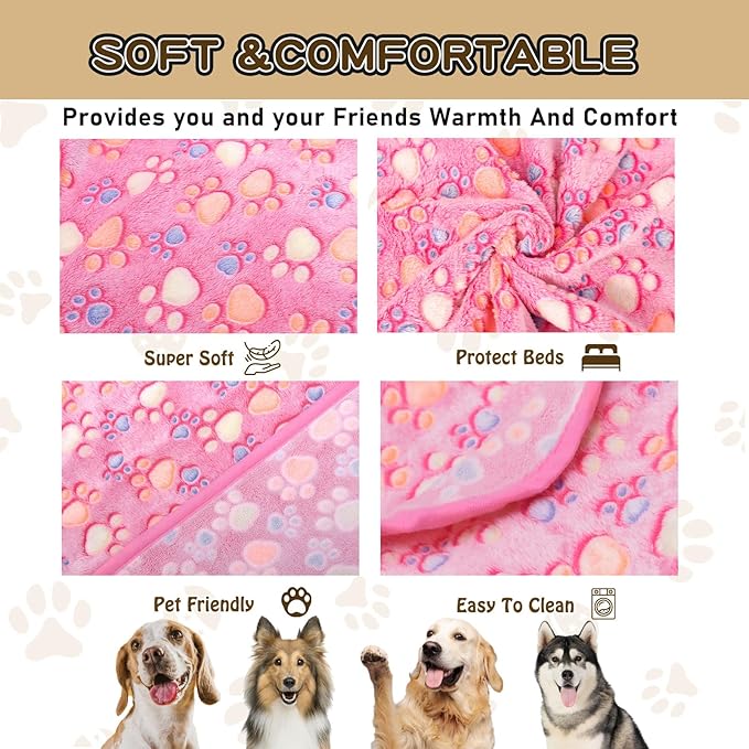 Rezutan Upgraded Dog Blankets for Large Dogs, Dog Cat Blankets Washable 40" x 50", Soft Pet Mat Throw Cover for Kennel Crate Bed, Cute Paw Pattern, Dog Blanket, Pet Blanket （1 Pack Pink）