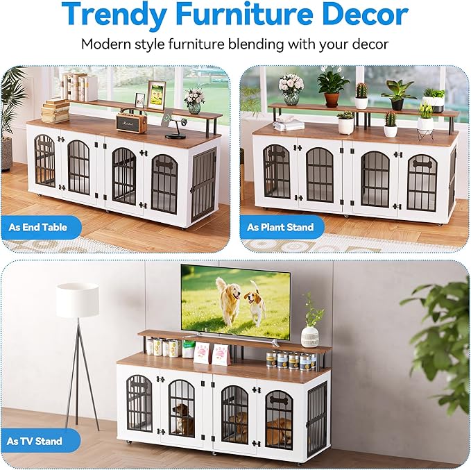 Petrova 63" Dog Crate Furniture for 2 Dogs, XL Large Indoor Wooden Dog Kennel with Divider, 6 Lockable Wheels & Storage, Heavy Duty Modern Decorative Double Dog Cage TV Stand for Medium/Large Breed