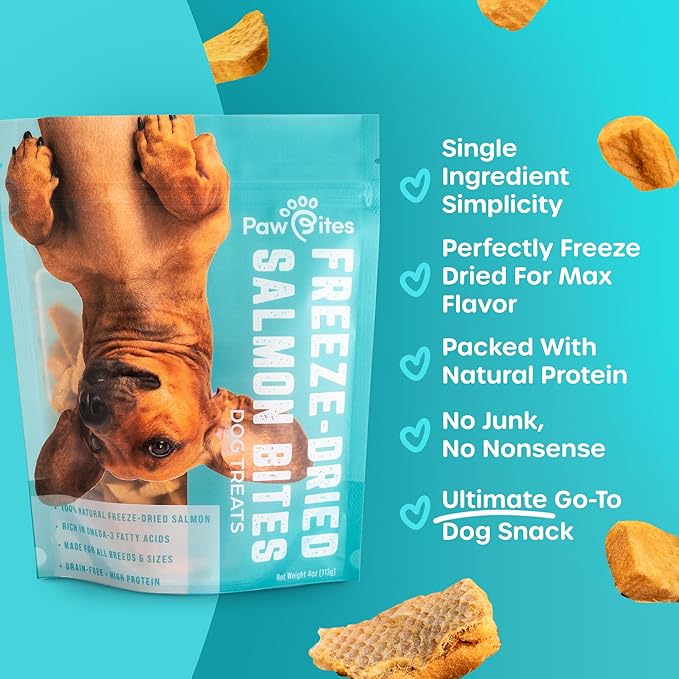 Paw Bites Freeze Dried Dog Treats - Wild Caught Salmon - Dog Food Dry Snacks - with Protein & Omega 3s - for All Breeds & Sizes - No Artificial Flavors & Dyes, No Preservatives - 1 Pouch, 4 oz